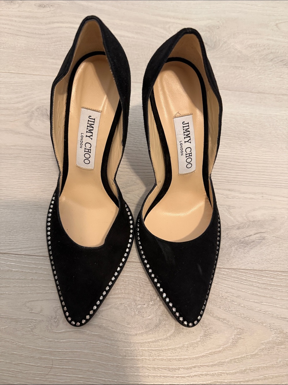 Jimmy Choo Black Suede Pointed-Toe Pumps with Stud Trim